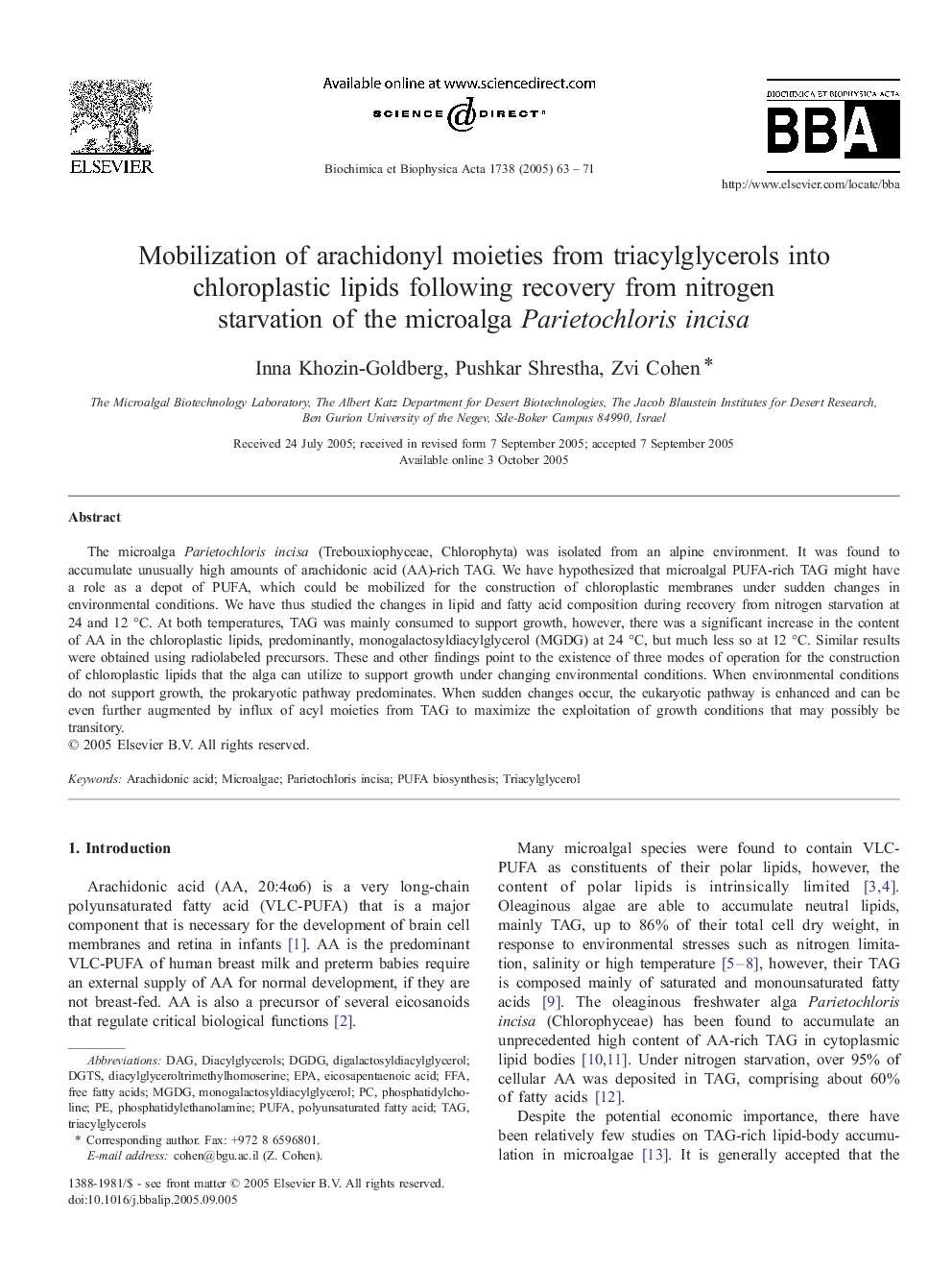 Mobilization of arachidonyl moieties from triacylglycerols into chloroplastic lipids following recovery from nitrogen starvation of the microalga Parietochloris incisa