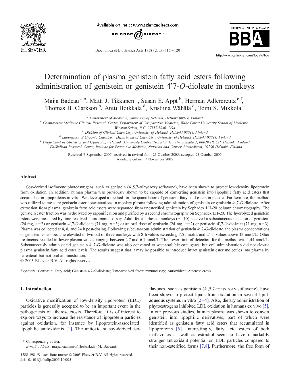 Determination of plasma genistein fatty acid esters following administration of genistein or genistein 4â²7-O-dioleate in monkeys