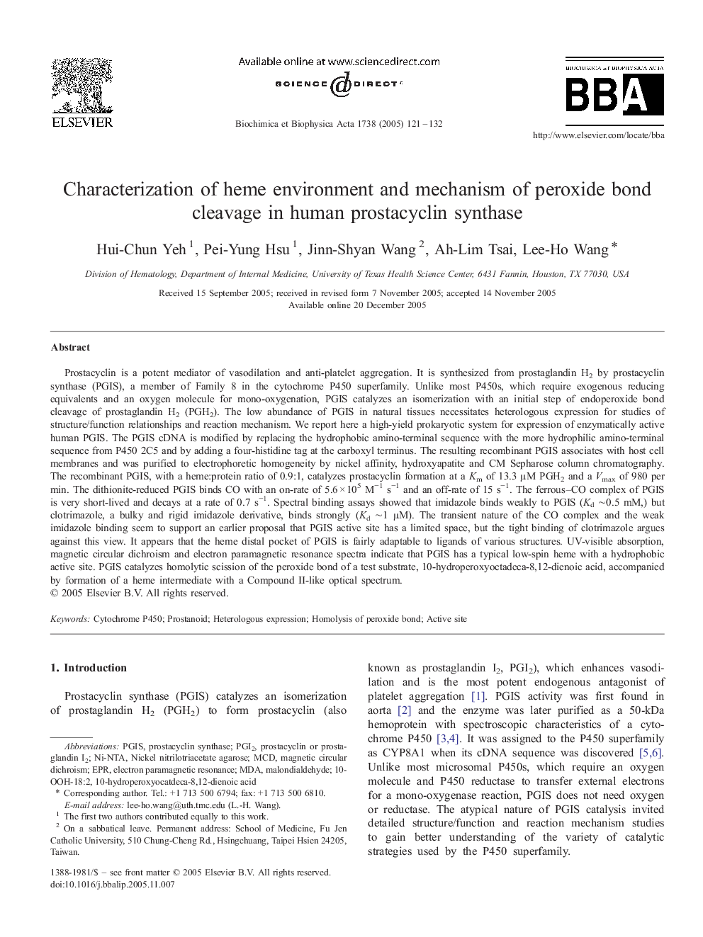 Characterization of heme environment and mechanism of peroxide bond cleavage in human prostacyclin synthase