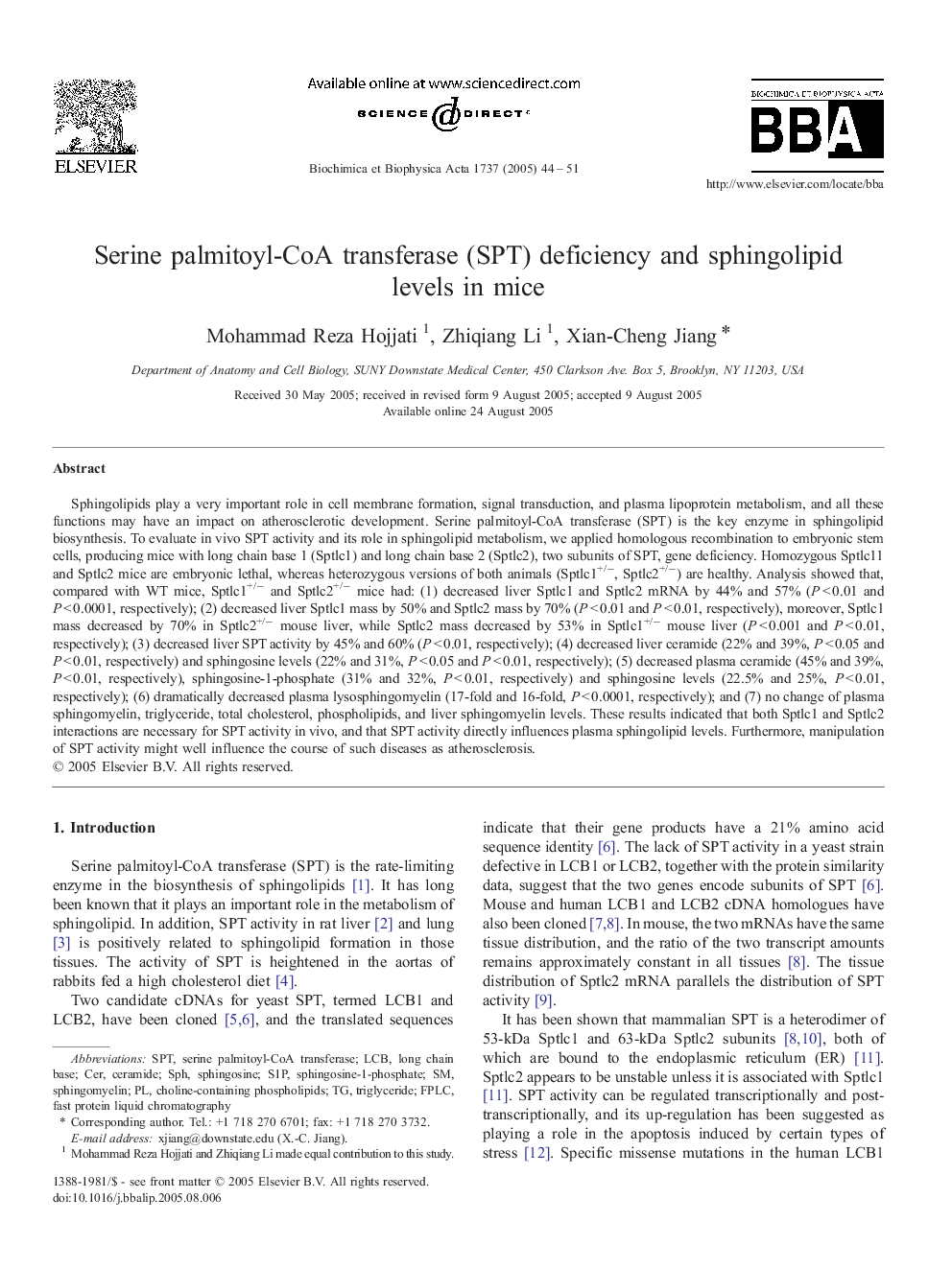 عکس صفحه اول مقاله: Serine palmitoyl-CoA transferase (SPT) deficiency and sphingolipid levels in mice Serine palmitoyl-CoA transferase (SPT) deficiency and sphingolipid levels in mice