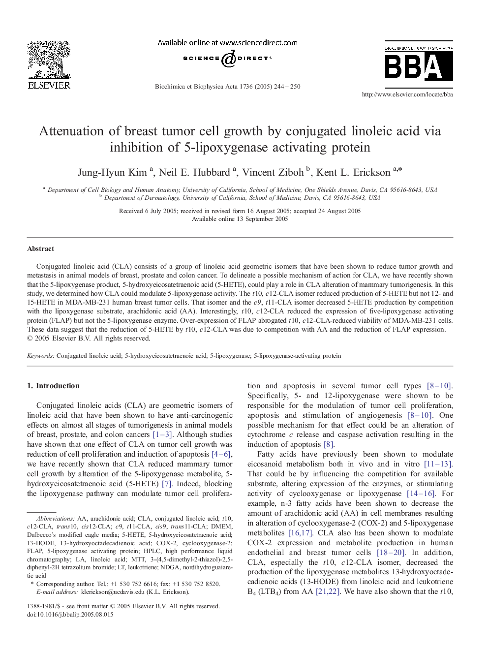 Attenuation of breast tumor cell growth by conjugated linoleic acid via inhibition of 5-lipoxygenase activating protein