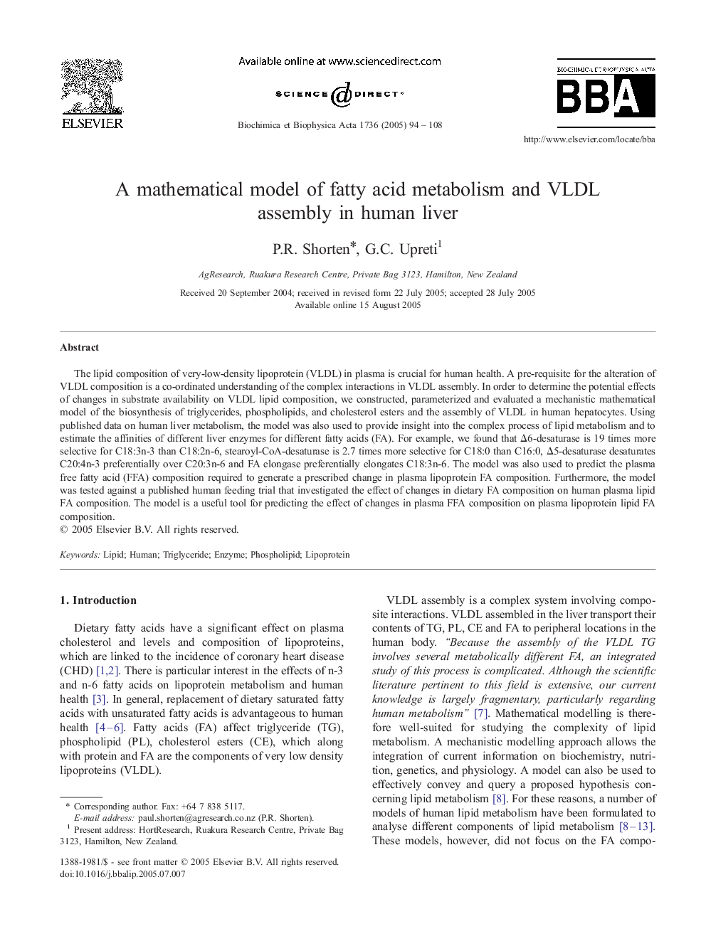 A mathematical model of fatty acid metabolism and VLDL assembly in human liver