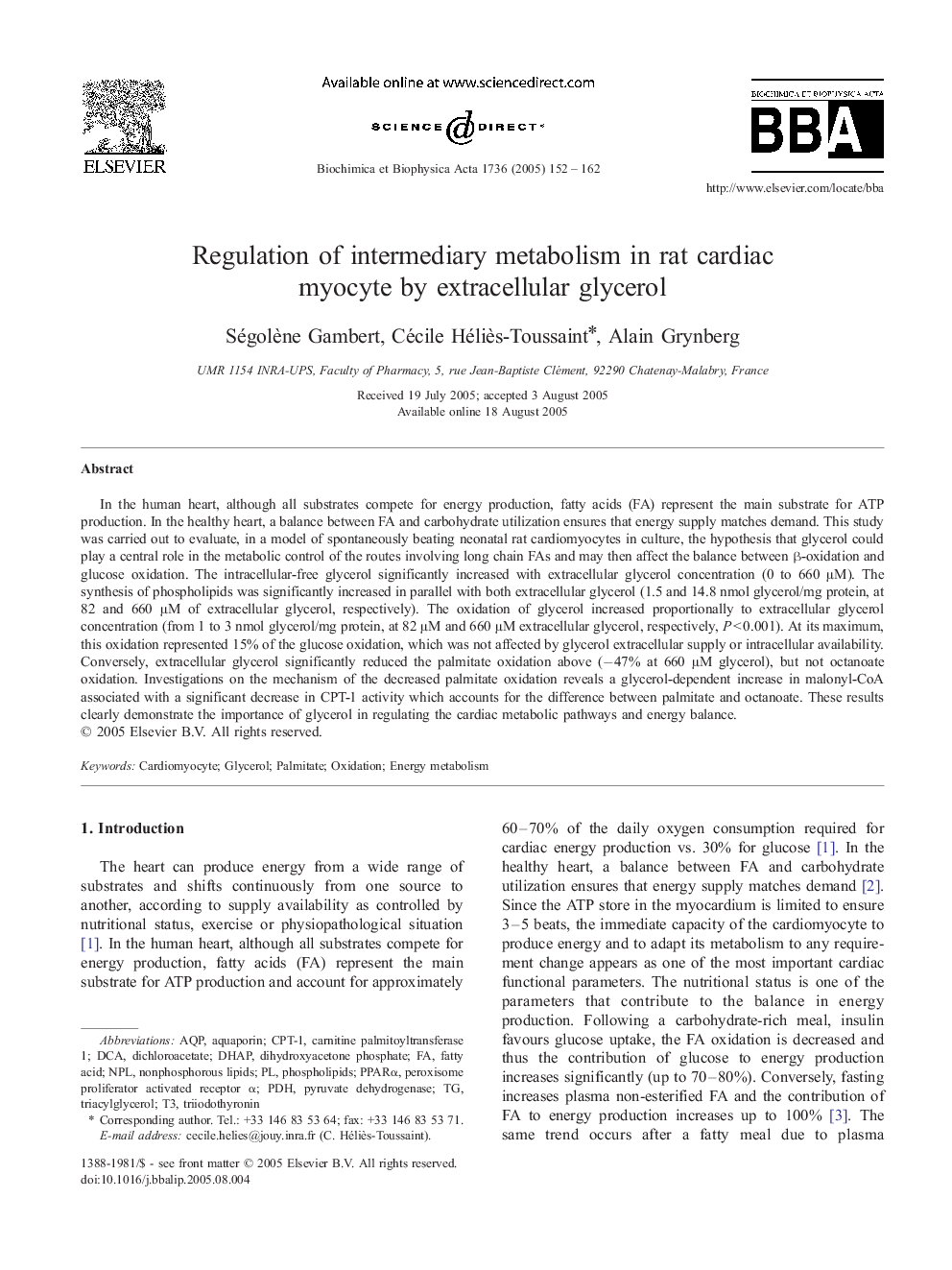 Regulation of intermediary metabolism in rat cardiac myocyte by extracellular glycerol