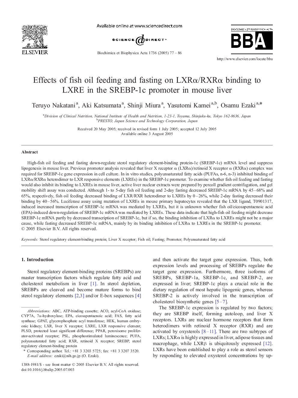 Effects of fish oil feeding and fasting on LXRÎ±/RXRÎ± binding to LXRE in the SREBP-1c promoter in mouse liver