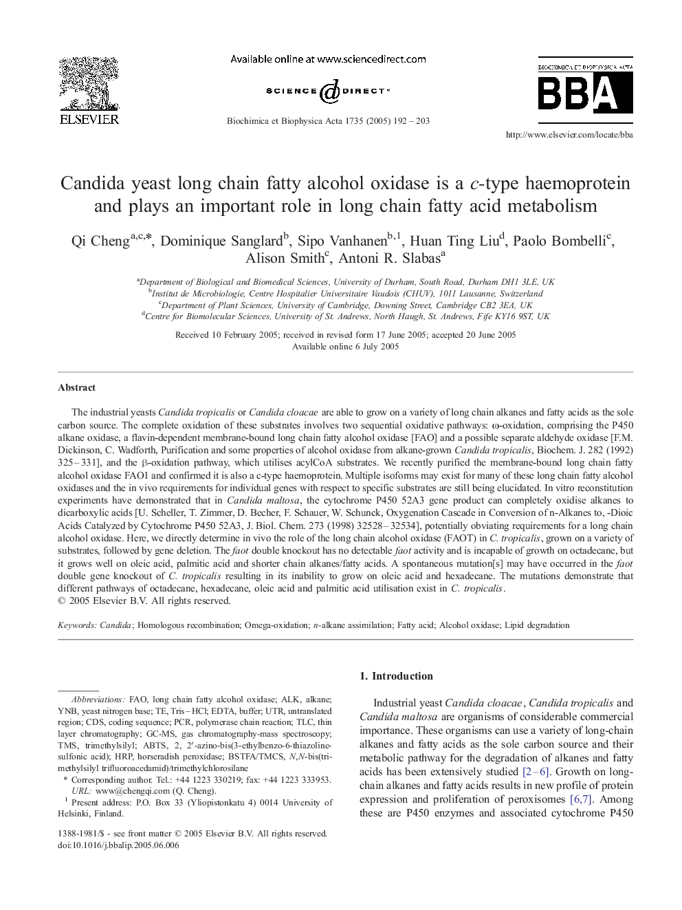 Candida yeast long chain fatty alcohol oxidase is a c-type haemoprotein and plays an important role in long chain fatty acid metabolism