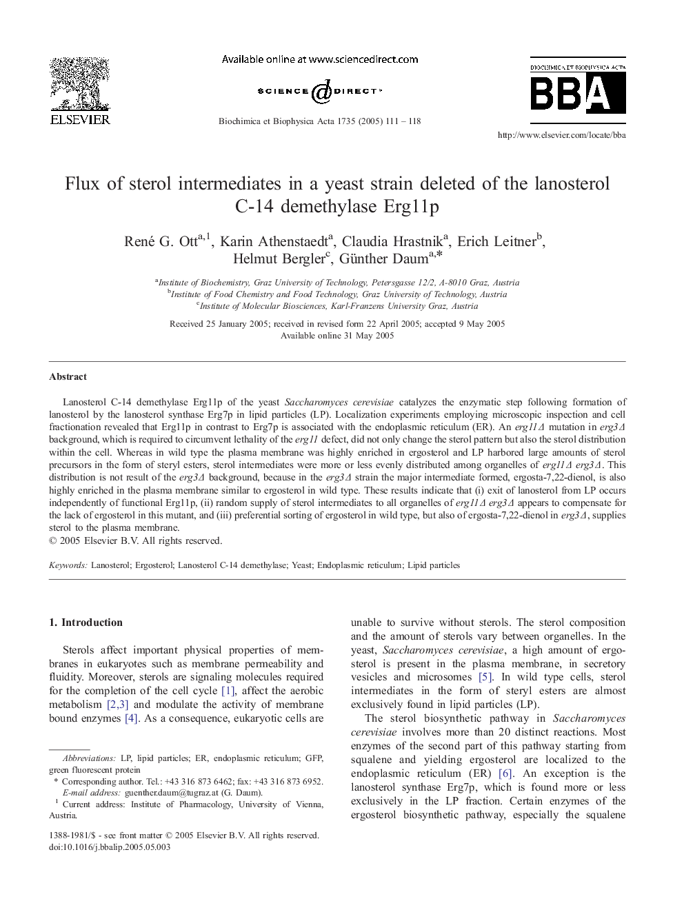 Flux of sterol intermediates in a yeast strain deleted of the lanosterol C-14 demethylase Erg11p