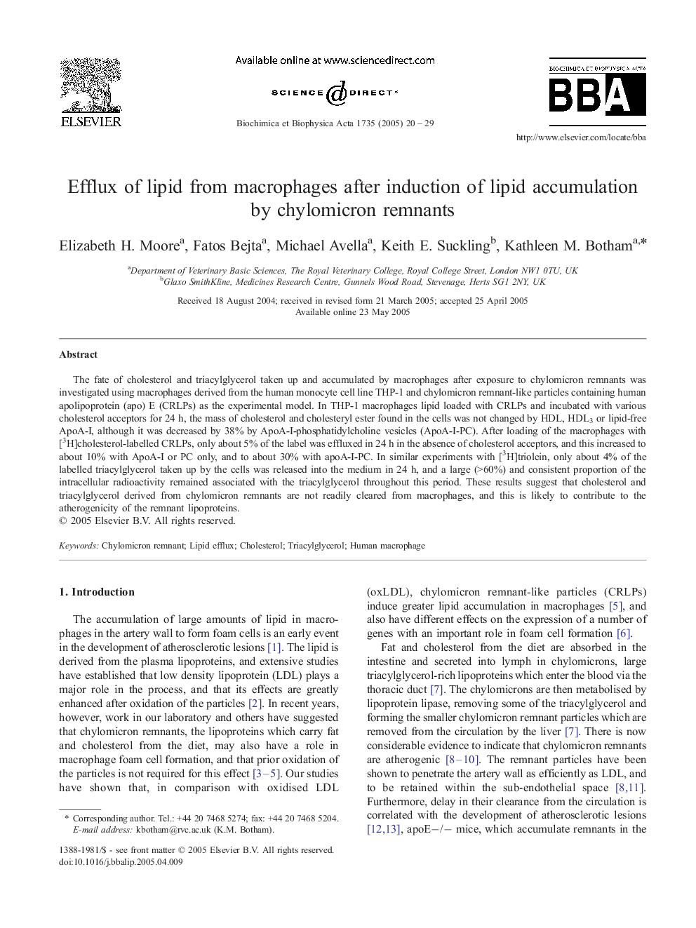 Efflux of lipid from macrophages after induction of lipid accumulation by chylomicron remnants