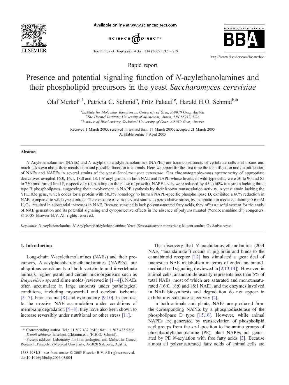 Presence and potential signaling function of N-acylethanolamines and their phospholipid precursors in the yeast Saccharomyces cerevisiae