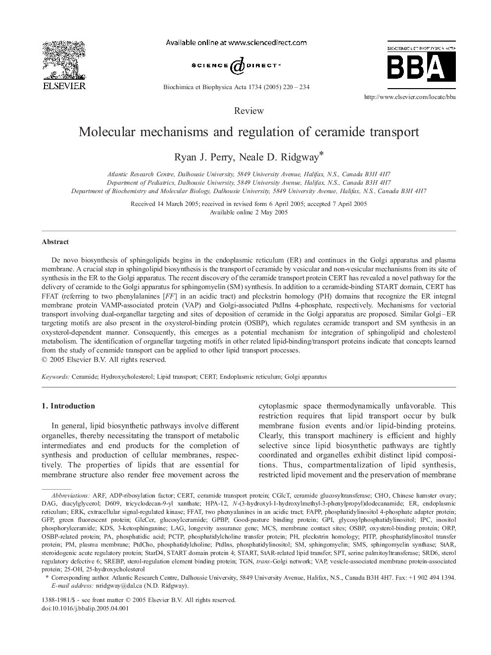 Molecular mechanisms and regulation of ceramide transport