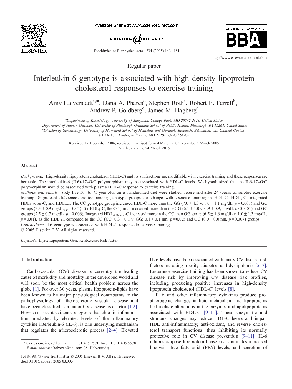 Interleukin-6 genotype is associated with high-density lipoprotein cholesterol responses to exercise training