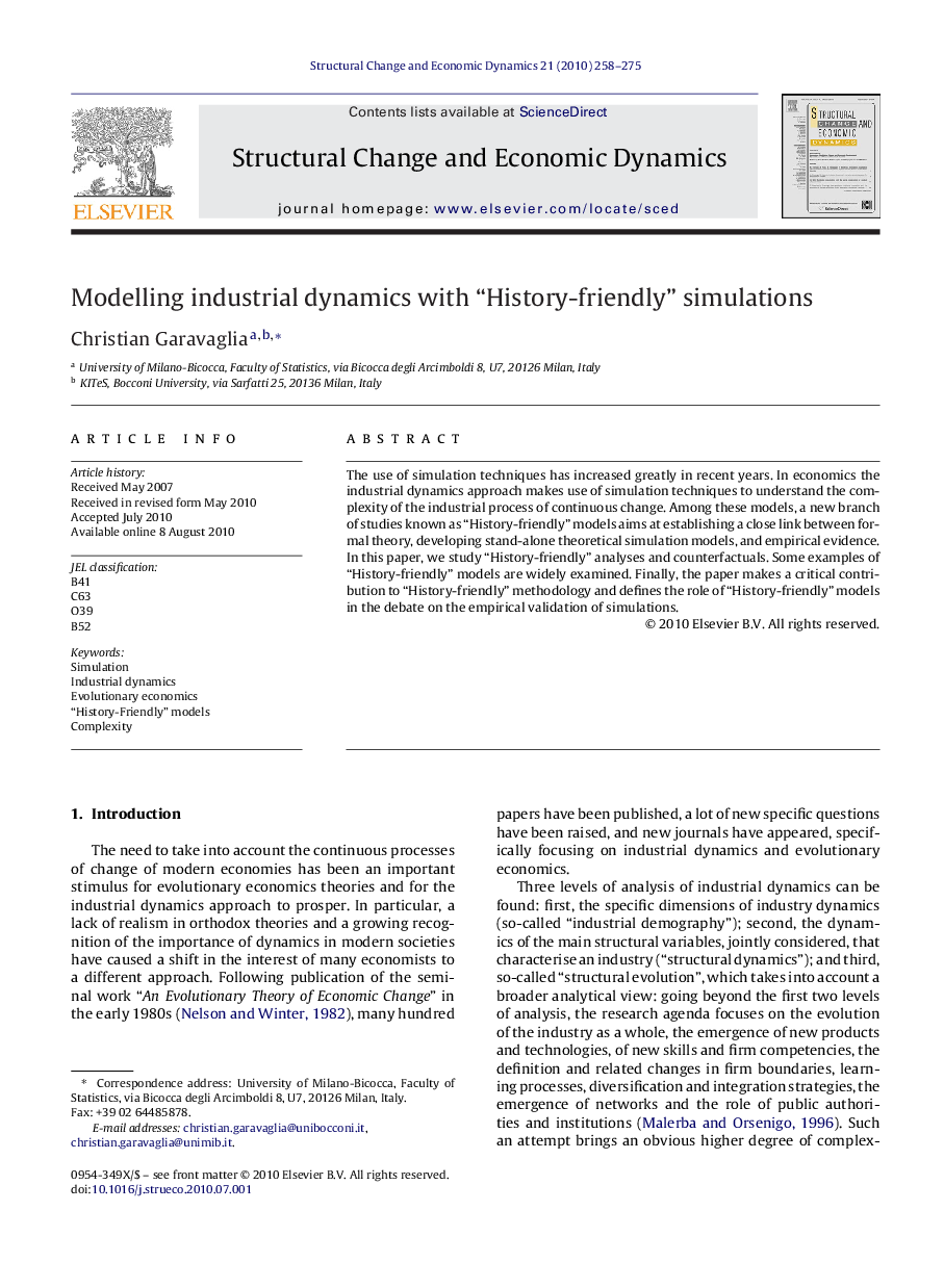 Modelling industrial dynamics with “History-friendly” simulations