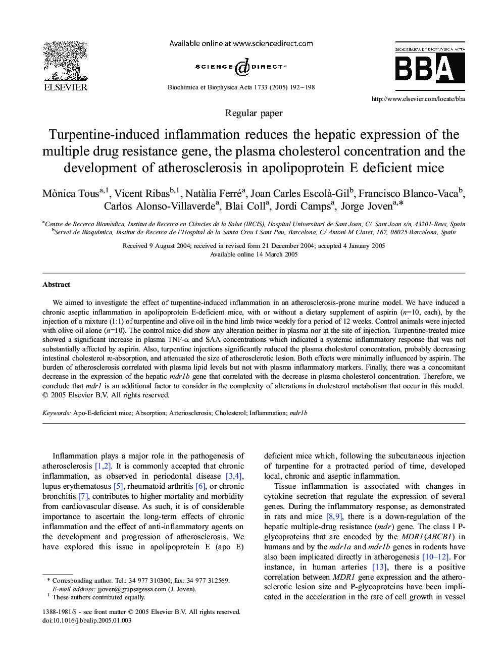 Turpentine-induced inflammation reduces the hepatic expression of the multiple drug resistance gene, the plasma cholesterol concentration and the development of atherosclerosis in apolipoprotein E deficient mice