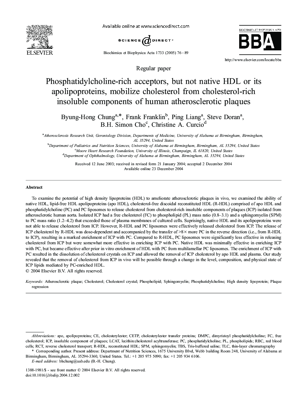 Phosphatidylcholine-rich acceptors, but not native HDL or its apolipoproteins, mobilize cholesterol from cholesterol-rich insoluble components of human atherosclerotic plaques