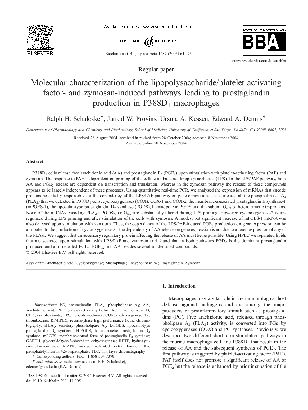 عکس صفحه اول مقاله: Molecular characterization of the lipopolysaccharide/platelet activating factor- and zymosan-induced pathways leading to prostaglandin production in P388D1 macrophages Molecular characterization of the lipopolysaccharide/platelet activating factor- and zymosan-induced pathways leading to prostaglandin production in P388D1 macrophages