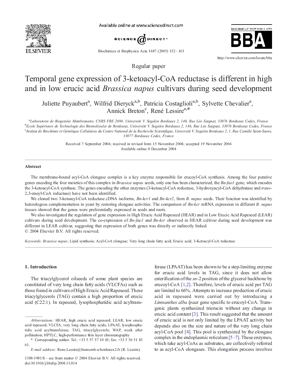 Temporal gene expression of 3-ketoacyl-CoA reductase is different in high and in low erucic acid Brassica napus cultivars during seed development