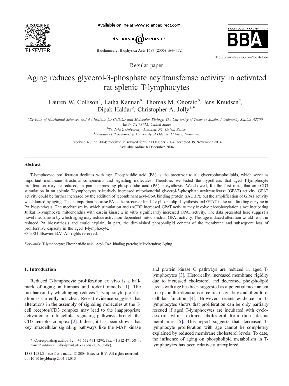 Aging reduces glycerol-3-phosphate acyltransferase activity in activated rat splenic T-lymphocytes