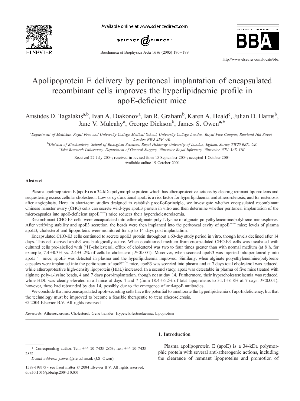 Apolipoprotein E delivery by peritoneal implantation of encapsulated recombinant cells improves the hyperlipidaemic profile in apoE-deficient mice