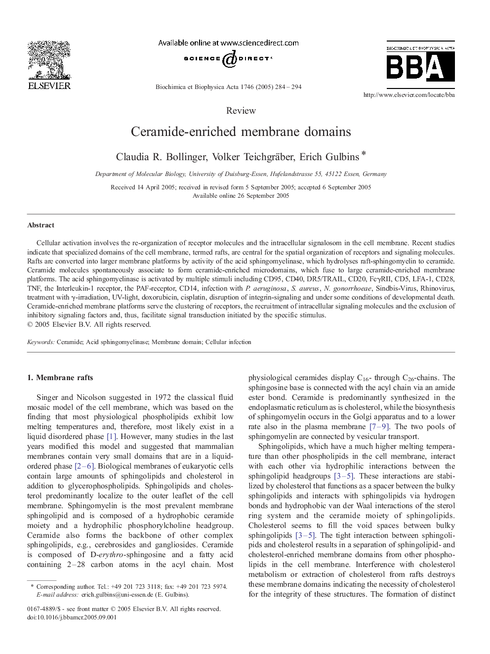 Ceramide-enriched membrane domains