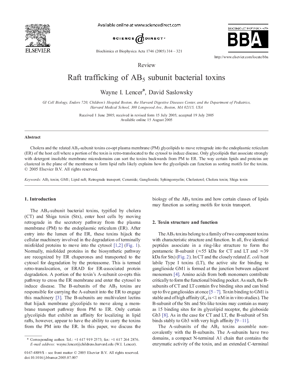 Raft trafficking of AB5 subunit bacterial toxins