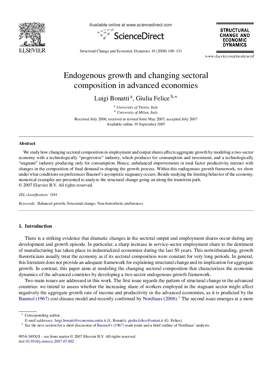 Endogenous growth and changing sectoral composition in advanced economies