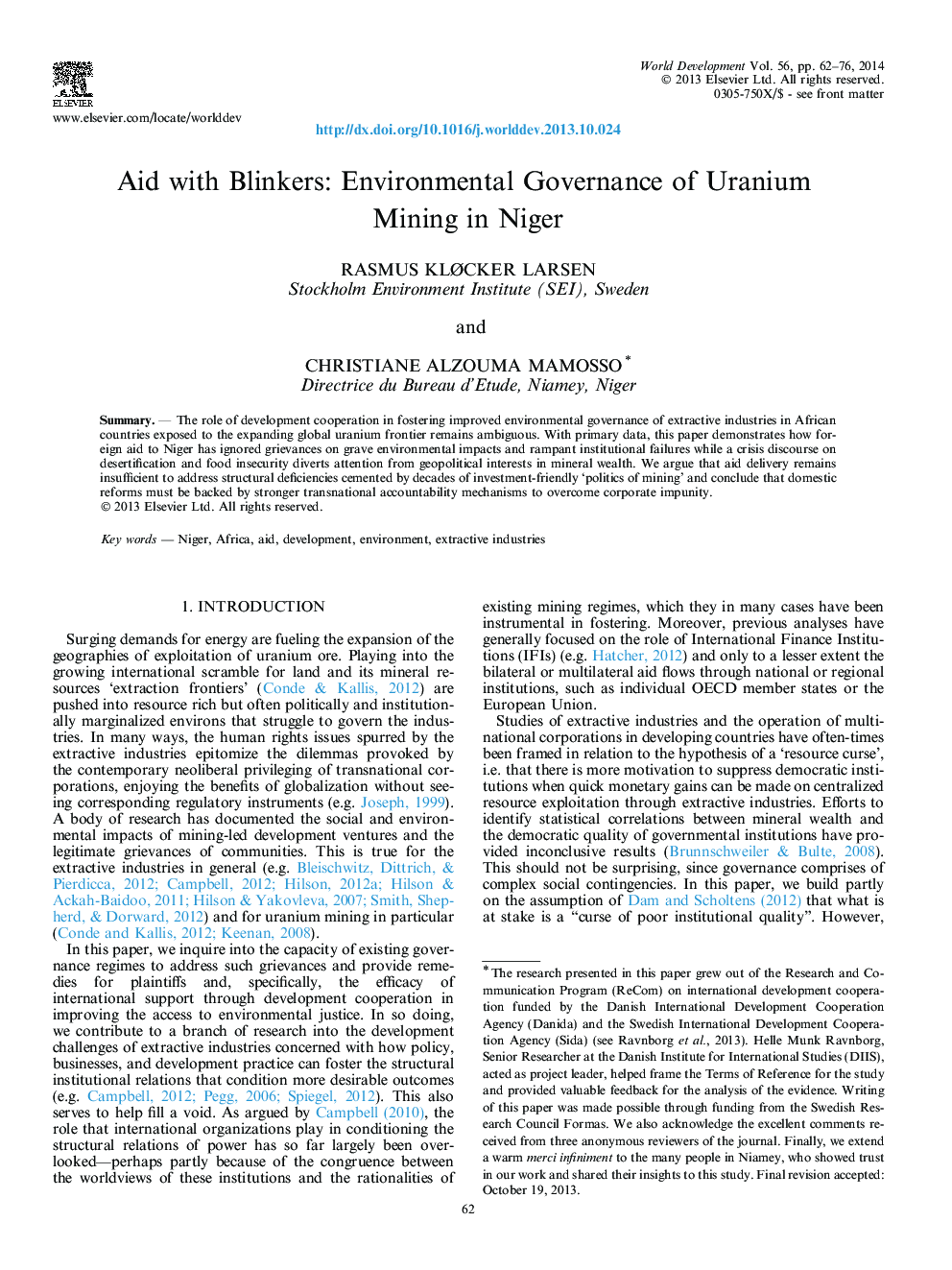 Aid with Blinkers: Environmental Governance of Uranium Mining in Niger