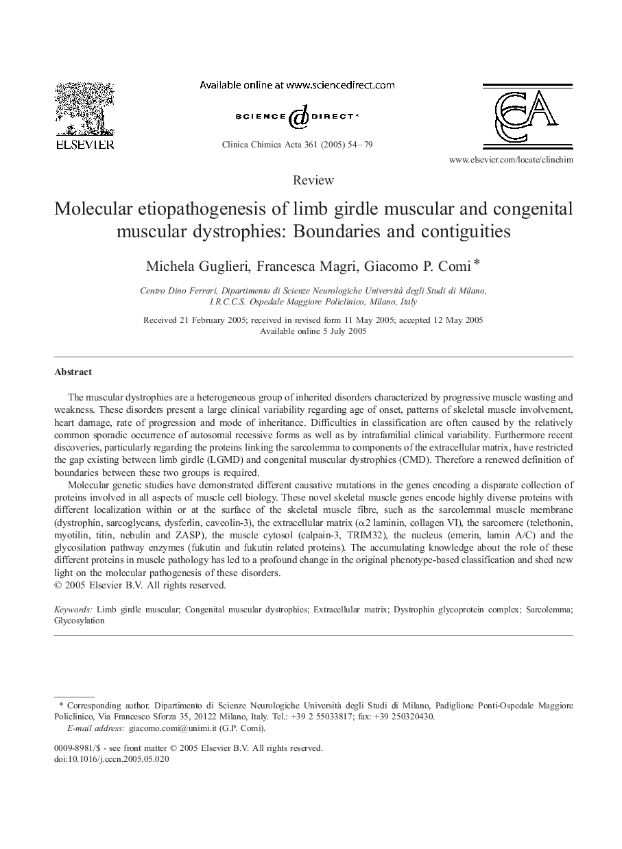 عکس صفحه اول مقاله: Molecular etiopathogenesis of limb girdle muscular and congenital muscular dystrophies: Boundaries and contiguities Molecular etiopathogenesis of limb girdle muscular and congenital muscular dystrophies: Boundaries and contiguities