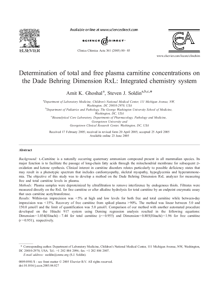Determination of total and free plasma carnitine concentrations on the Dade Behring Dimension RxL: Integrated chemistry system
