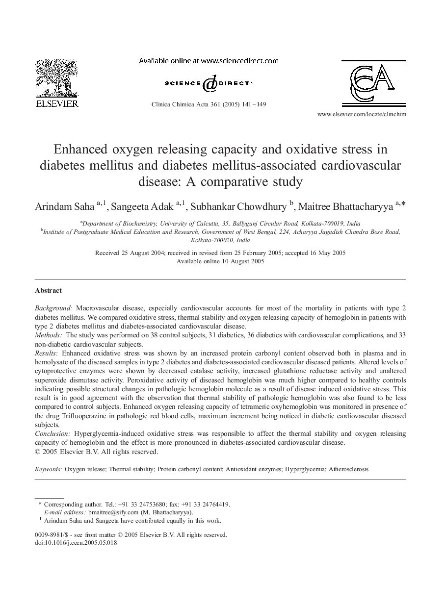 Enhanced oxygen releasing capacity and oxidative stress in diabetes mellitus and diabetes mellitus-associated cardiovascular disease: A comparative study