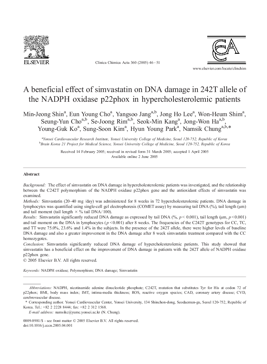 A beneficial effect of simvastatin on DNA damage in 242T allele of the NADPH oxidase p22phox in hypercholesterolemic patients