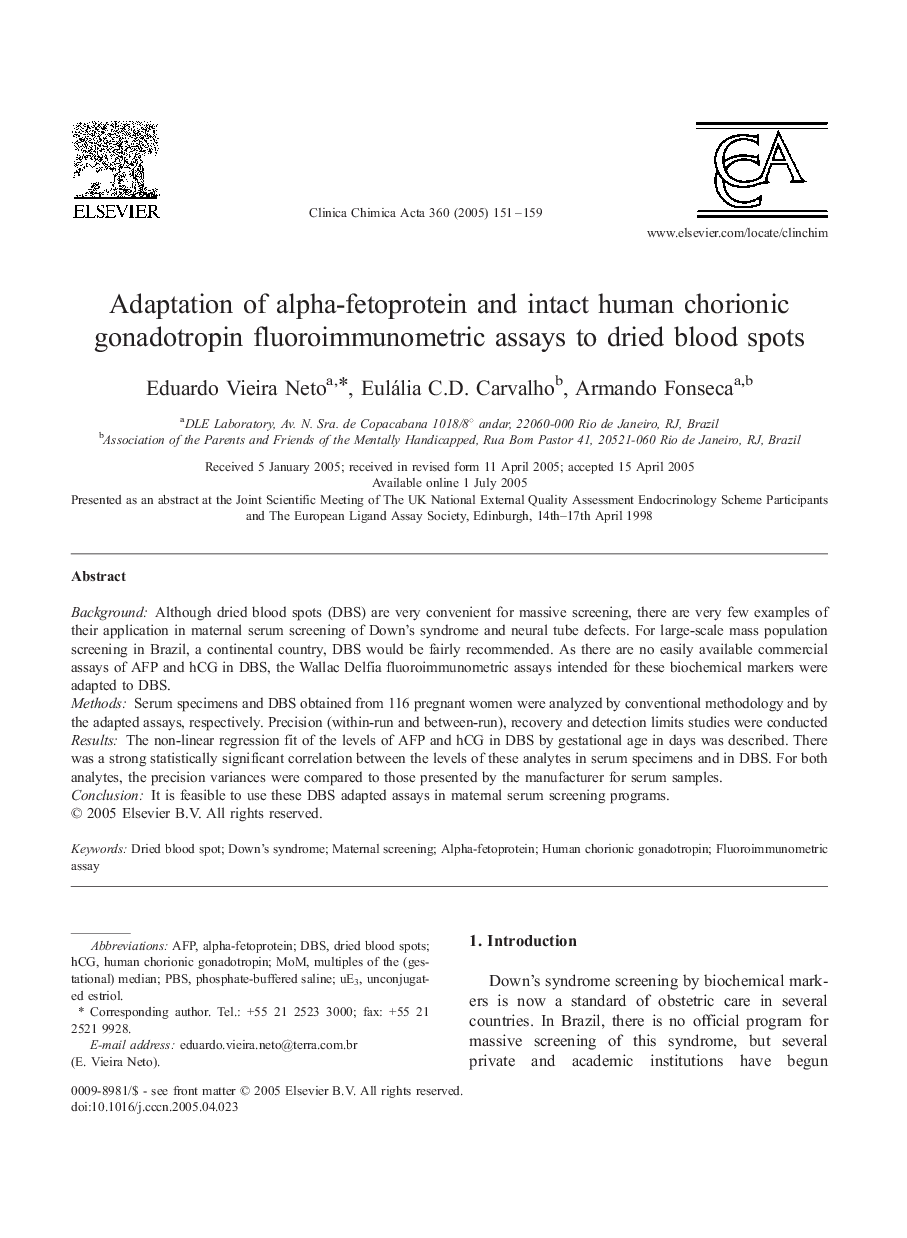 Adaptation of alpha-fetoprotein and intact human chorionic gonadotropin fluoroimmunometric assays to dried blood spots
