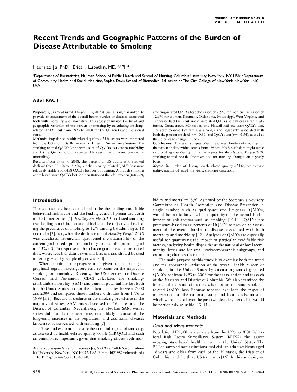 Recent Trends and Geographic Patterns of the Burden of Disease Attributable to Smoking