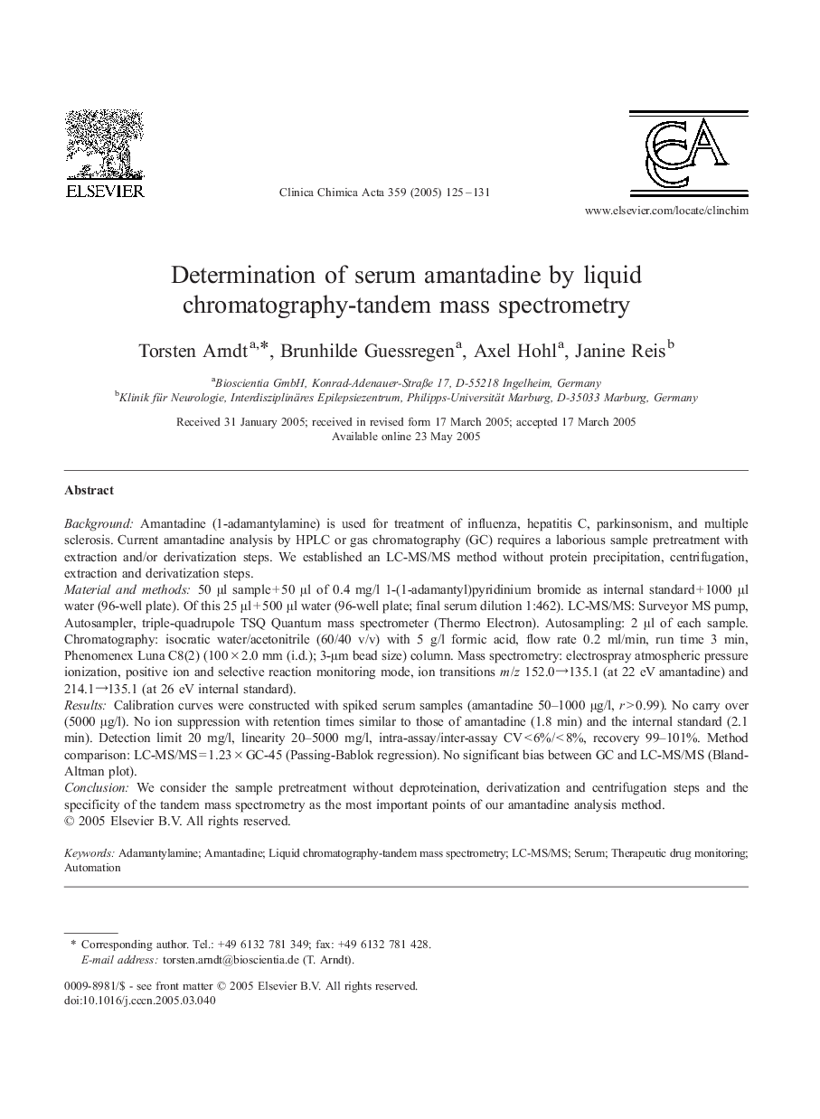 Determination of serum amantadine by liquid chromatography-tandem mass spectrometry