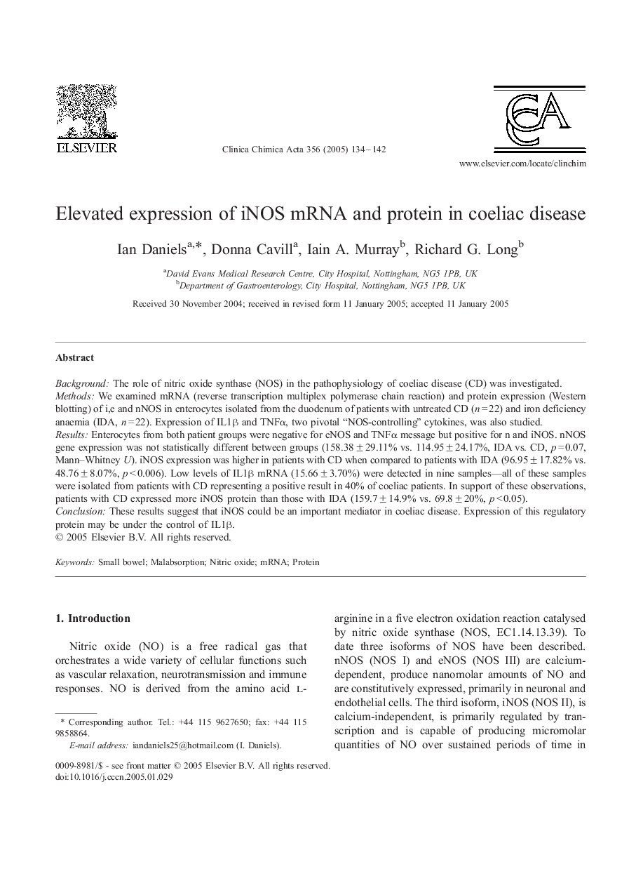 Elevated expression of iNOS mRNA and protein in coeliac disease