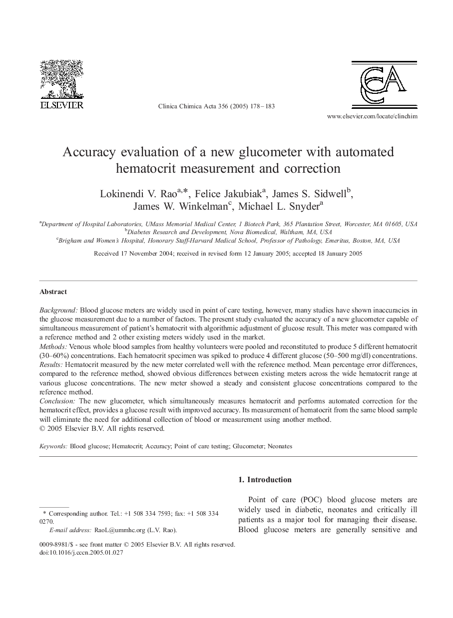 Accuracy evaluation of a new glucometer with automated hematocrit measurement and correction