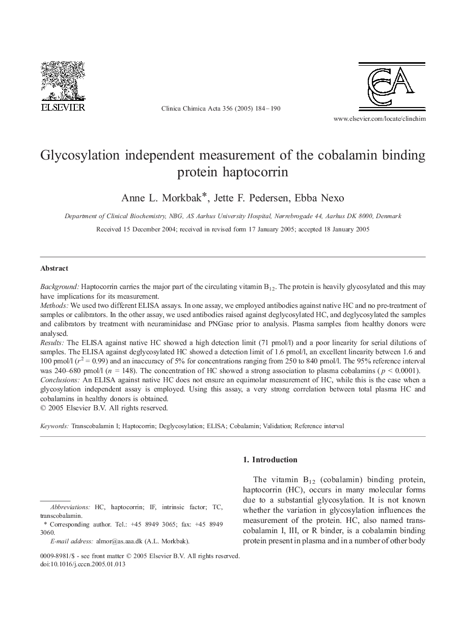 Glycosylation independent measurement of the cobalamin binding protein haptocorrin