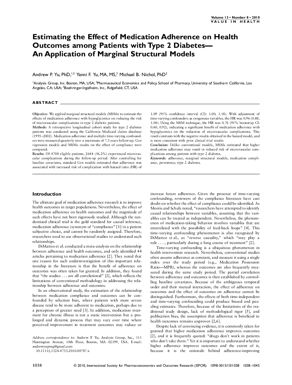 عکس صفحه اول مقاله: Estimating the Effect of Medication Adherence on Health Outcomes among Patients with Type 2 Diabetes—An Application of Marginal Structural Models Estimating the Effect of Medication Adherence on Health Outcomes among Patients with Type 2 Diabetes—An Application of Marginal Structural Models