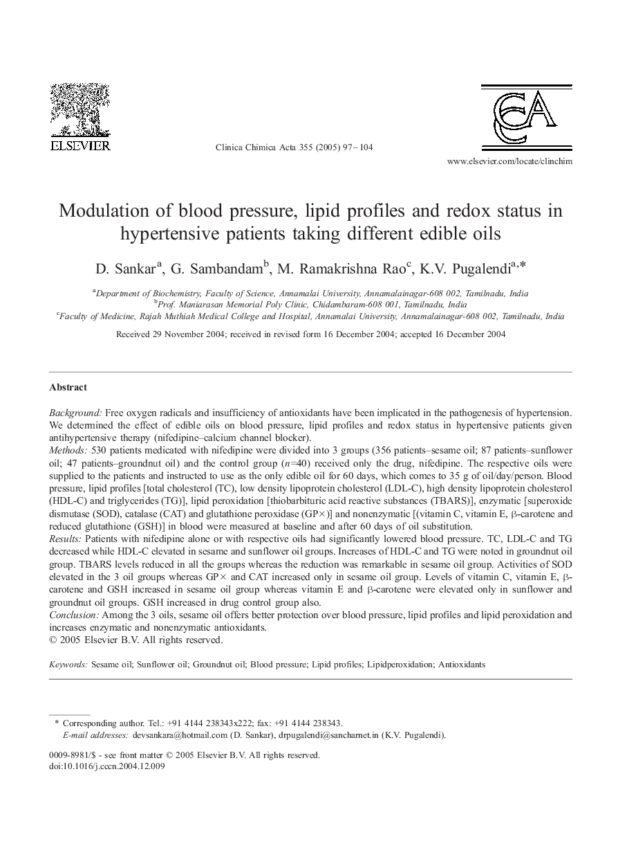 Modulation of blood pressure, lipid profiles and redox status in hypertensive patients taking different edible oils