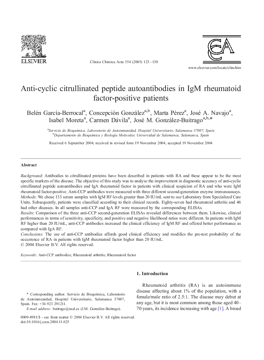 Anti-cyclic citrullinated peptide autoantibodies in IgM rheumatoid factor-positive patients