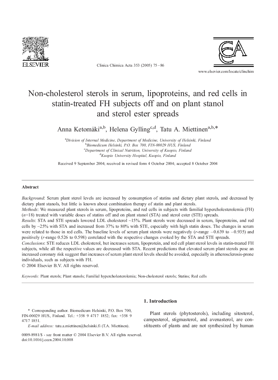 Non-cholesterol sterols in serum, lipoproteins, and red cells in statin-treated FH subjects off and on plant stanol and sterol ester spreads