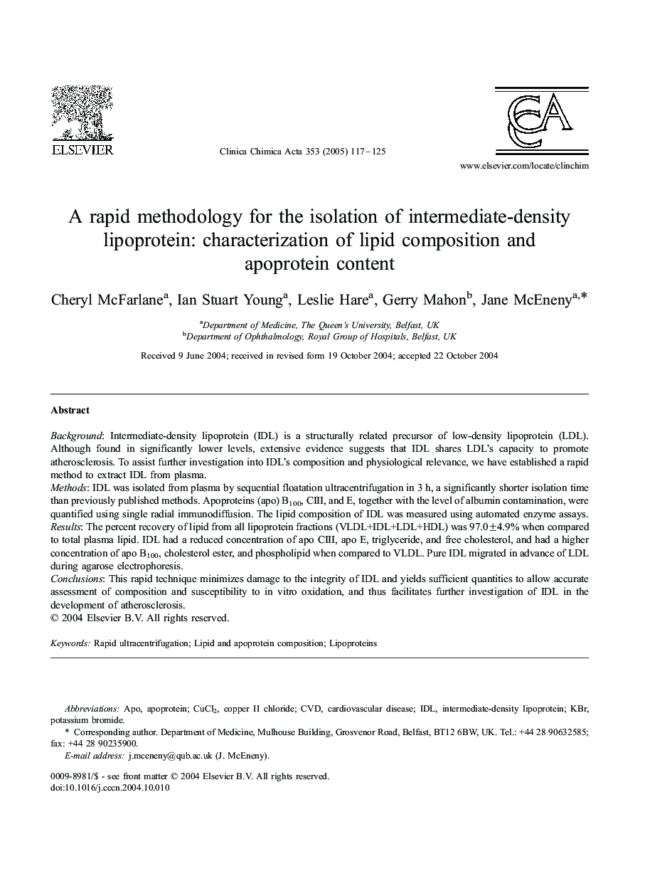 A rapid methodology for the isolation of intermediate-density lipoprotein: characterization of lipid composition and apoprotein content