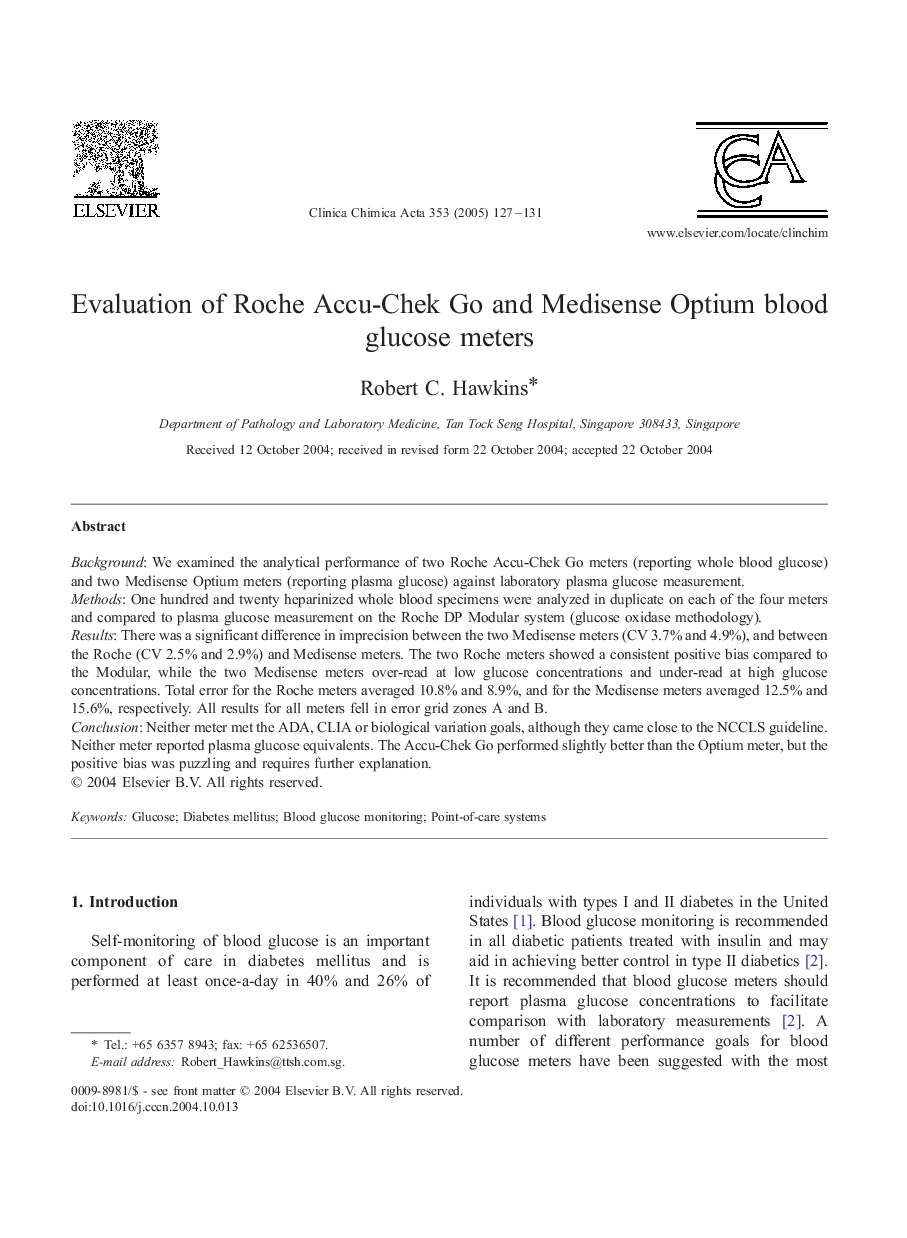 Evaluation of Roche Accu-Chek Go and Medisense Optium blood glucose meters