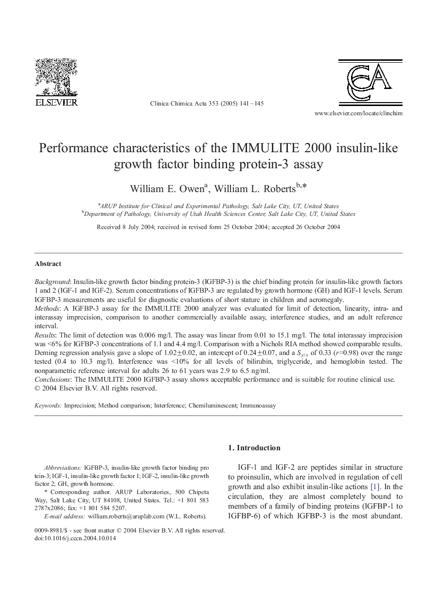 Performance characteristics of the IMMULITE 2000 insulin-like growth factor binding protein-3 assay