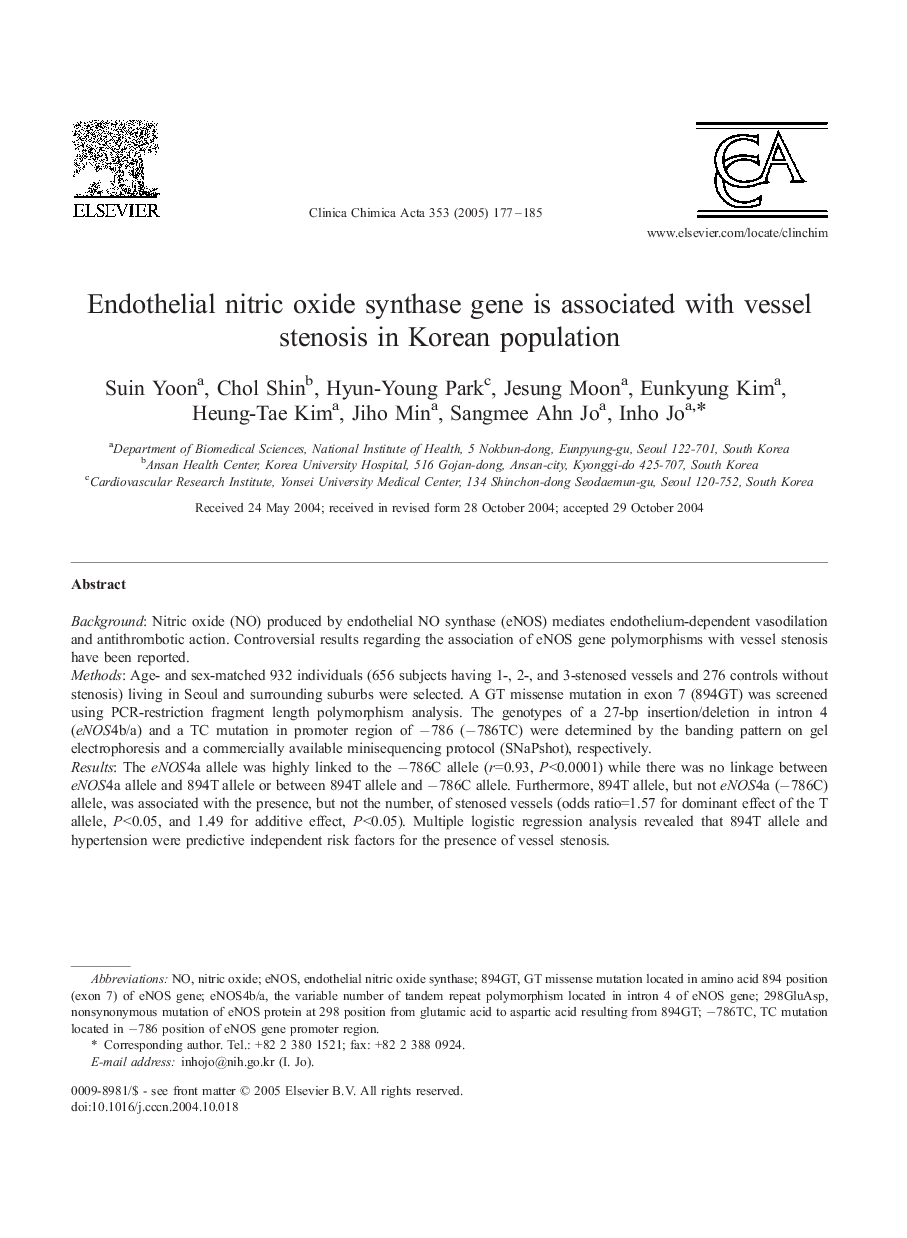 Endothelial nitric oxide synthase gene is associated with vessel stenosis in Korean population