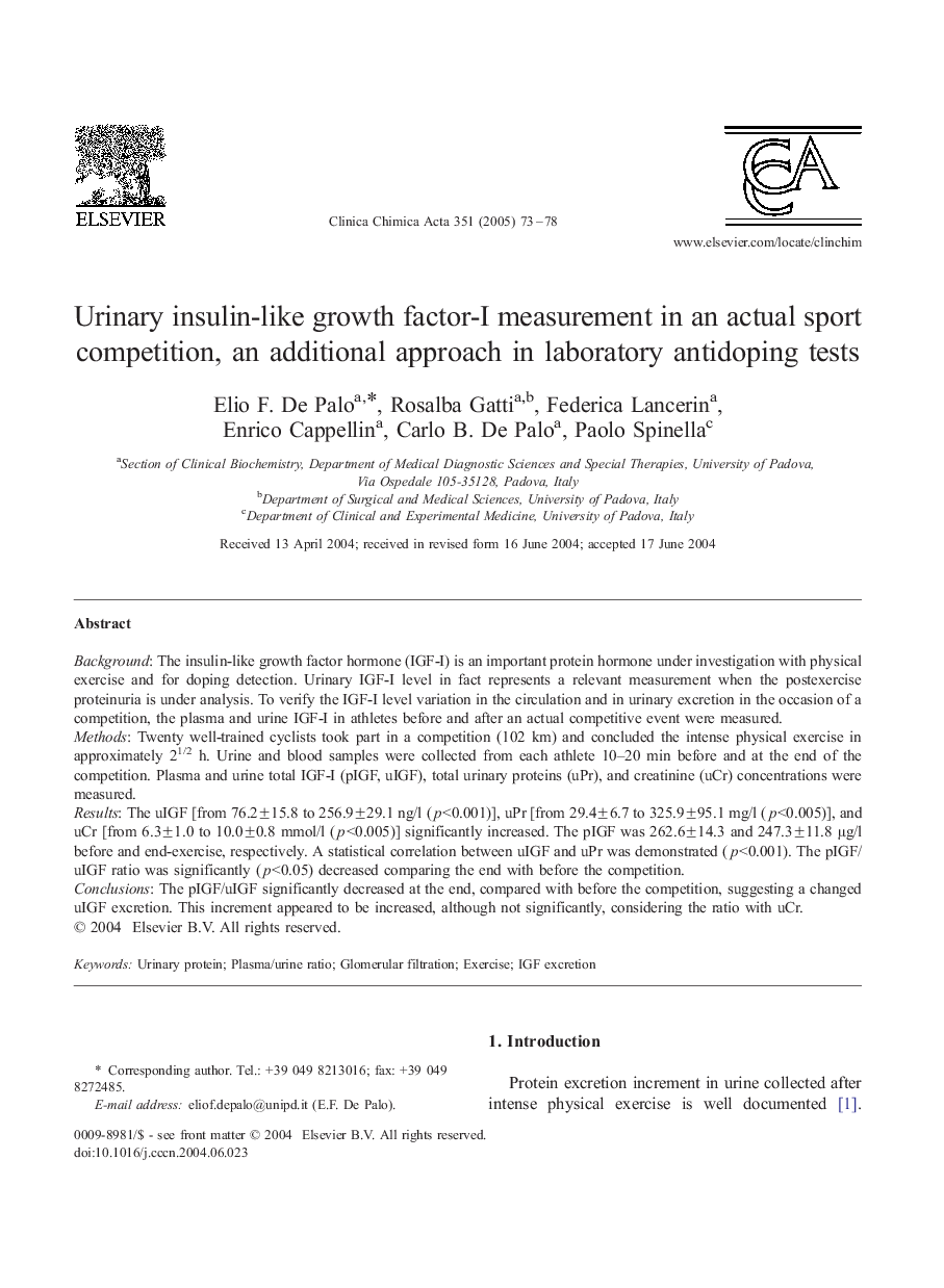 Urinary insulin-like growth factor-I measurement in an actual sport competition, an additional approach in laboratory antidoping tests