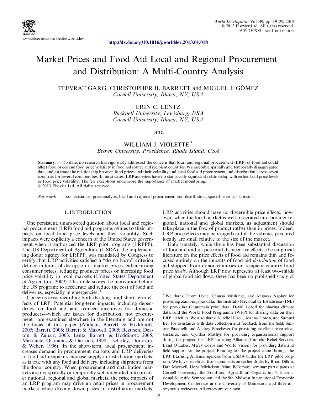 Market Prices and Food Aid Local and Regional Procurement and Distribution: A Multi-Country Analysis