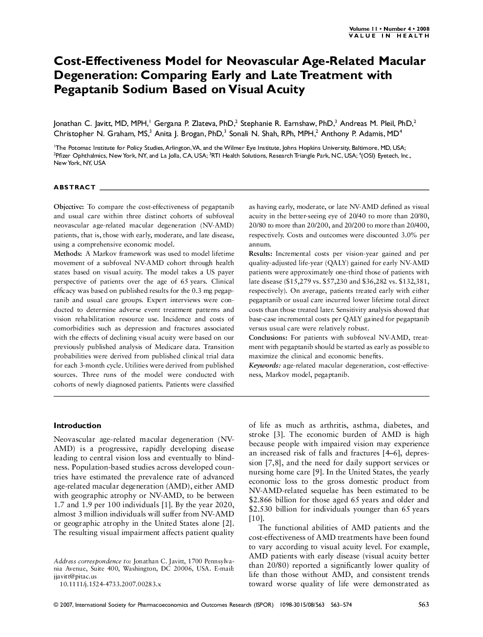 عکس صفحه اول مقاله: Cost-Effectiveness Model for Neovascular Age-Related Macular Degeneration: Comparing Early and Late Treatment with Pegaptanib Sodium Based on Visual Acuity Cost-Effectiveness Model for Neovascular Age-Related Macular Degeneration: Comparing Early and Late Treatment with Pegaptanib Sodium Based on Visual Acuity