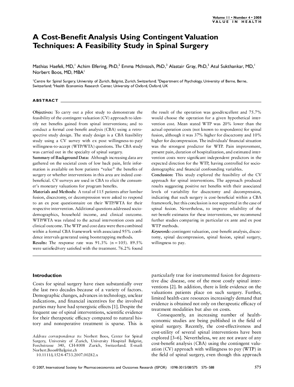 عکس صفحه اول مقاله: A Cost-Benefit Analysis Using Contingent Valuation Techniques: A Feasibility Study in Spinal Surgery A Cost-Benefit Analysis Using Contingent Valuation Techniques: A Feasibility Study in Spinal Surgery