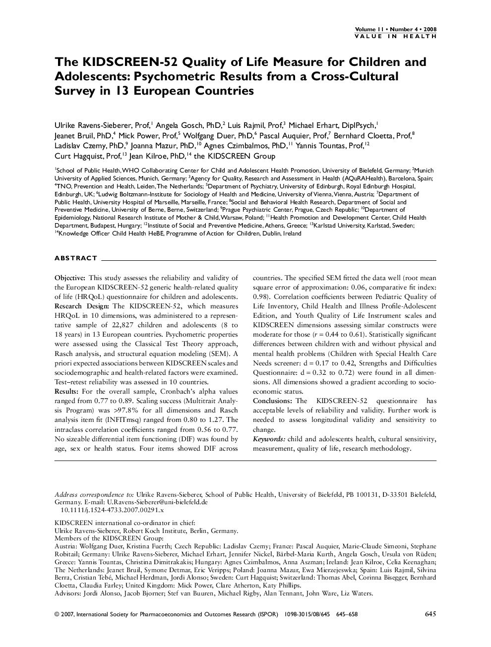 عکس صفحه اول مقاله: The KIDSCREEN-52 Quality of Life Measure for Children and Adolescents: Psychometric Results from a Cross-Cultural Survey in 13 European Countries The KIDSCREEN-52 Quality of Life Measure for Children and Adolescents: Psychometric Results from a Cross-Cultural Survey in 13 European Countries