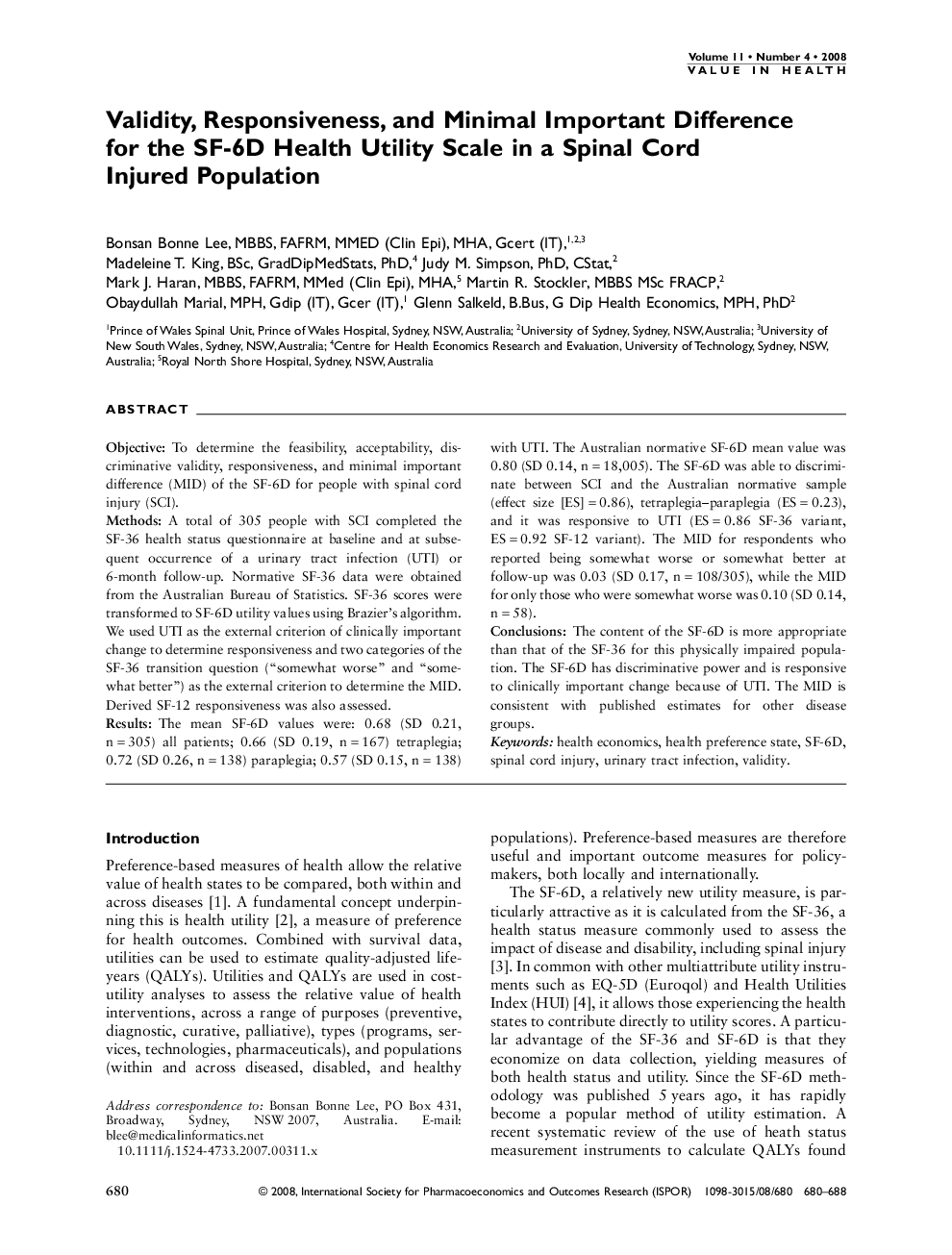 Validity, Responsiveness, and Minimal Important Difference for the SF-6D Health Utility Scale in a Spinal Cord Injured Population
