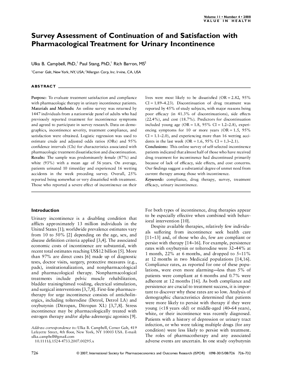 عکس صفحه اول مقاله: Survey Assessment of Continuation of and Satisfaction with Pharmacological Treatment for Urinary Incontinence Survey Assessment of Continuation of and Satisfaction with Pharmacological Treatment for Urinary Incontinence